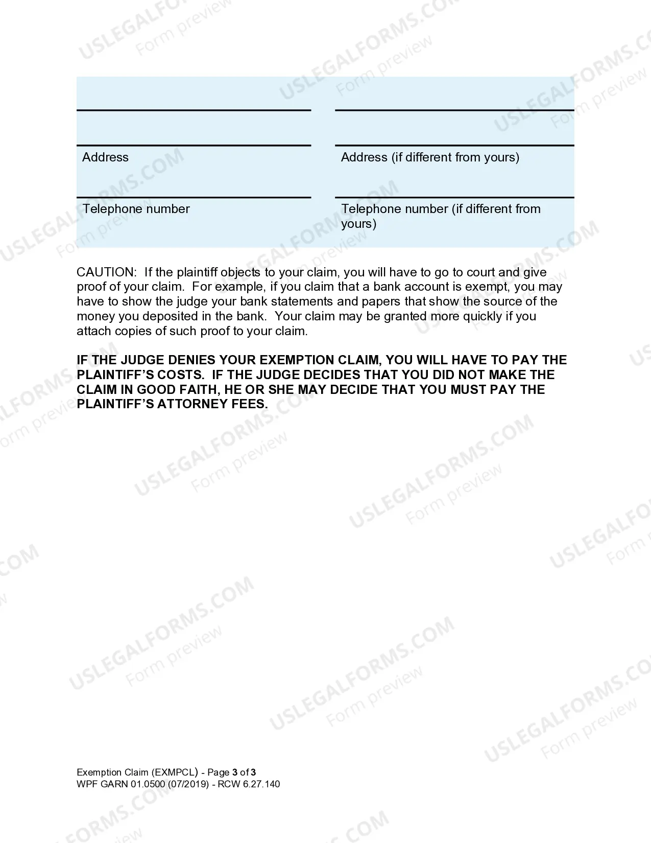 Preview WPF GARN 01.0500 - Exemption Claim