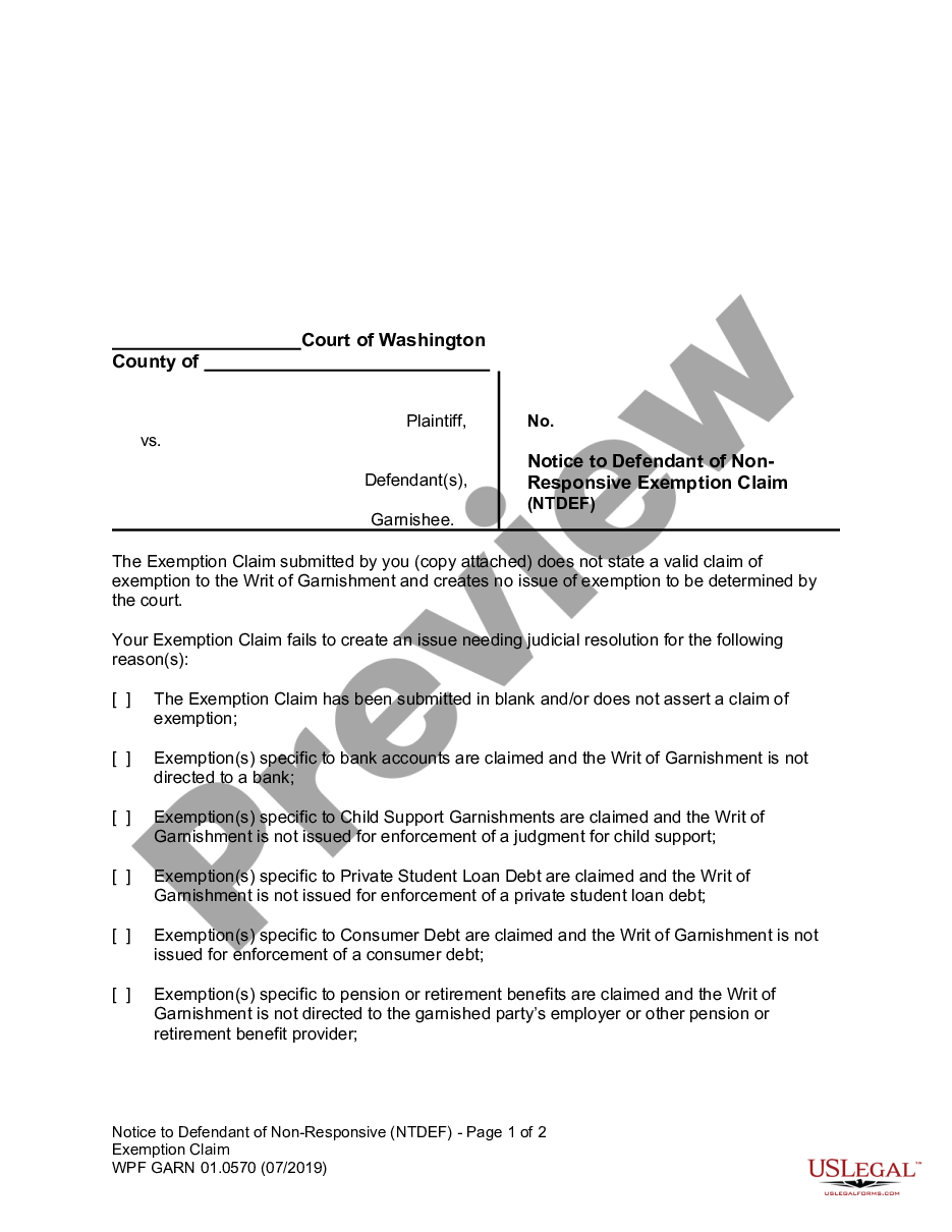 Washington WPF GARN 01.0570 - Notice to Defendant of Non-Responsive Claim | US Legal Forms