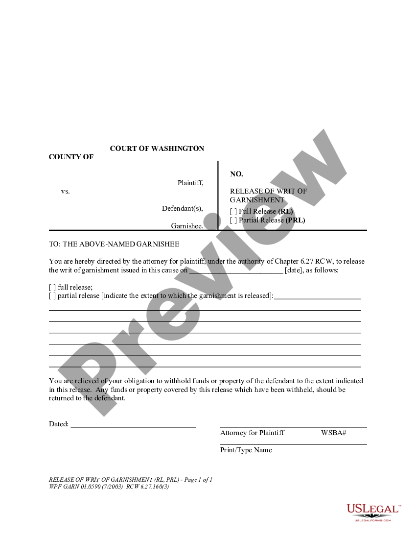 Washington Wpf Garn 010590 Release Of Writ Of Garnishment Us Legal Forms 0554