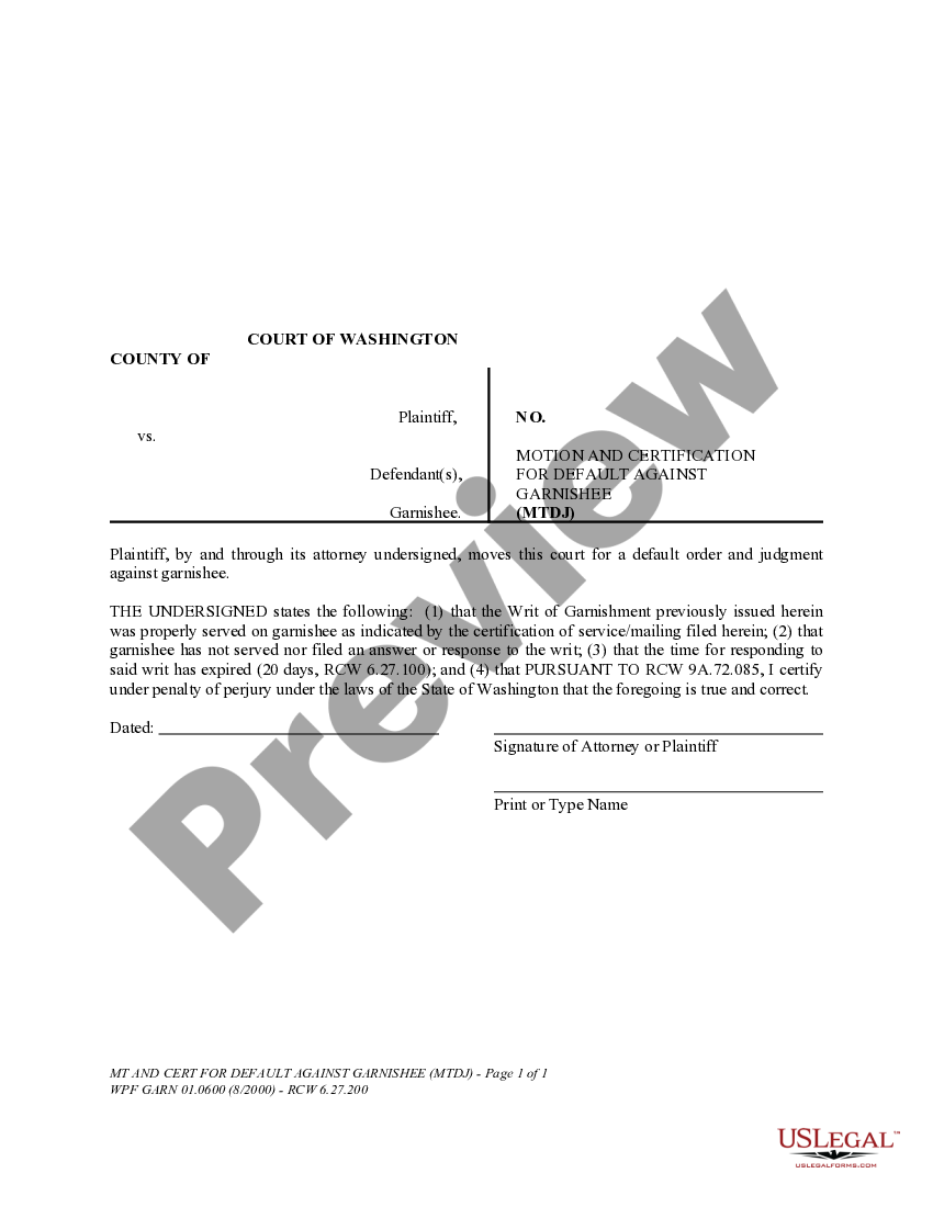 Seattle Washington WPF GARN 01.0600 Motion and Certification for