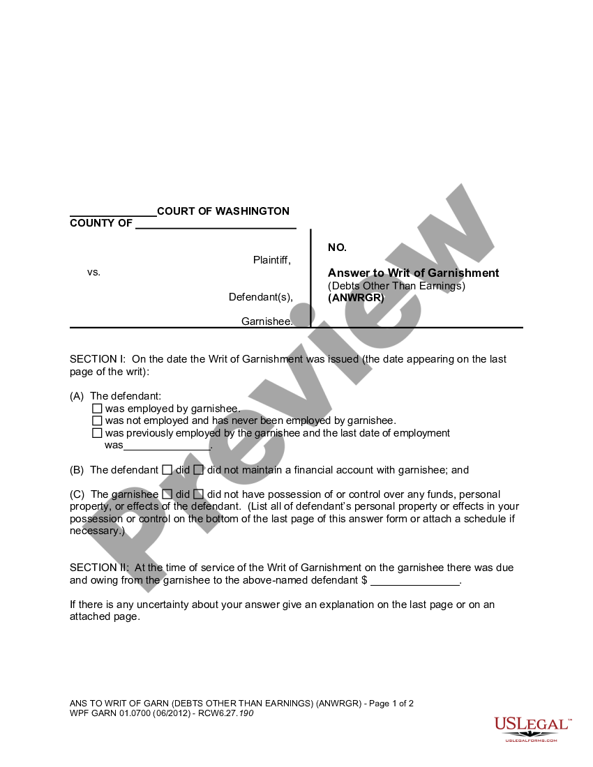 Bellevue Washington WPF GARN 01.0700 - Answer To Writ Of Garnishment ...