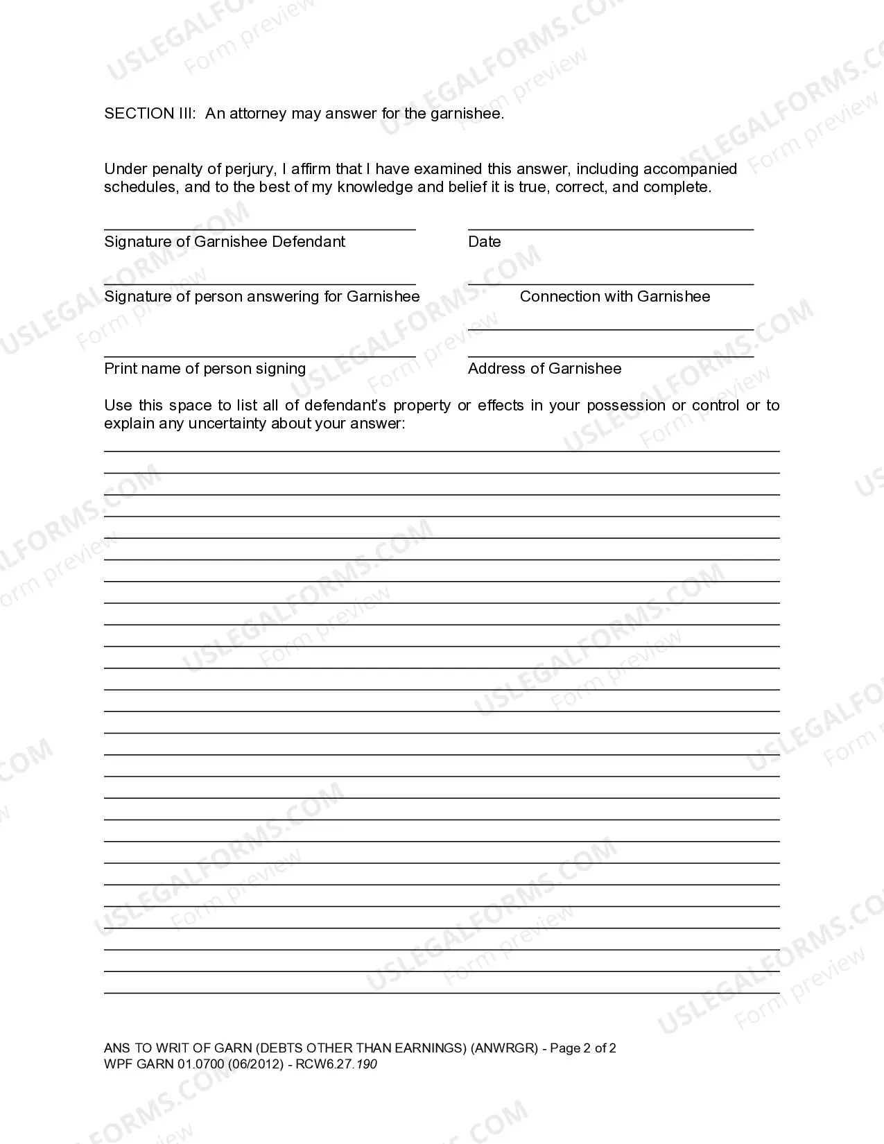 Preview WPF GARN 01.0700 - Answer to Writ of Garnishment - Debts Other than Earnings
