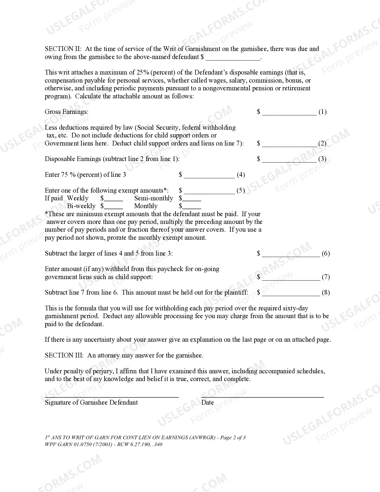 Preview WPF GARN 01.0750 - First Answer to Writ of Garnishment for Continuing Lien on Earnings