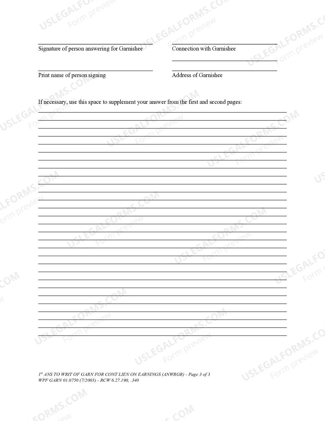 Preview WPF GARN 01.0750 - First Answer to Writ of Garnishment for Continuing Lien on Earnings