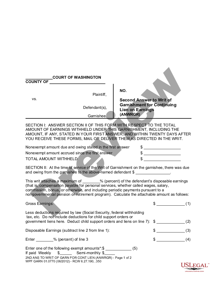 Washington Wpf Garn 010770 Second Answer To Writ Of Garnishment For Continuing Lien On 5998