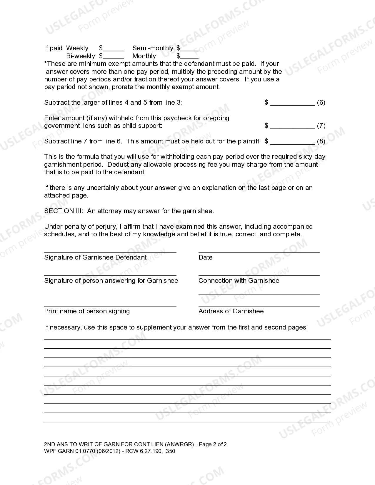 Preview WPF GARN 01.0770 - Second Answer to Writ of Garnishment for Continuing Lien on Earnings