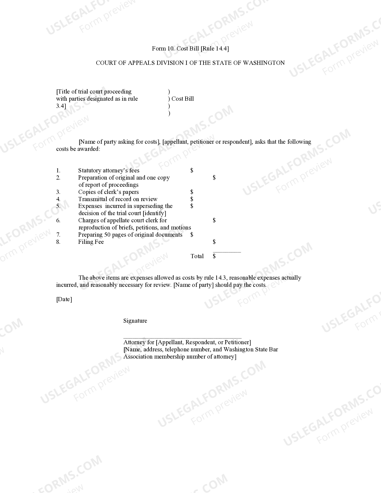 Washington Cost Bill US Legal Forms