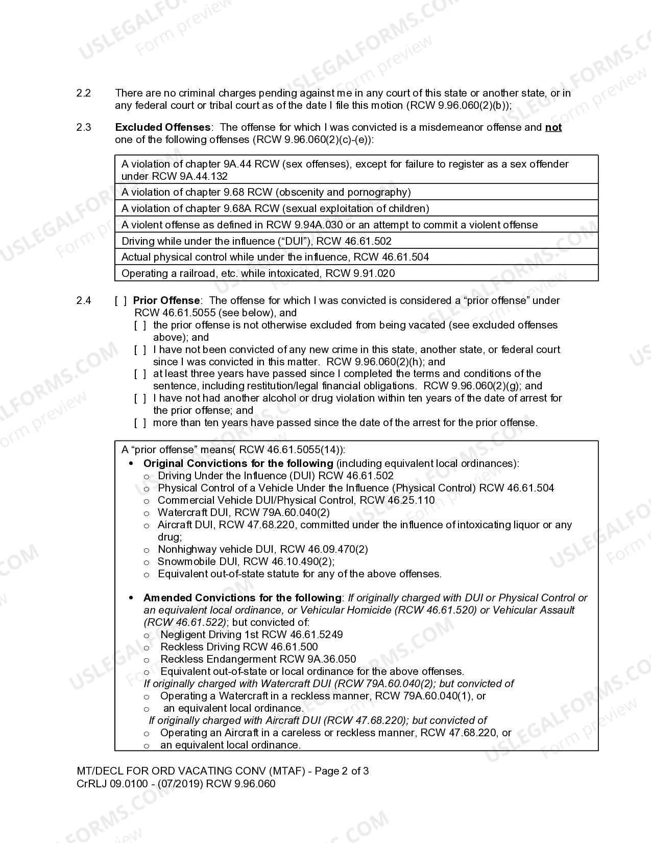 Preview CrRLJ 09.0100 - Motion and Declaration for Order Vacating Conviction