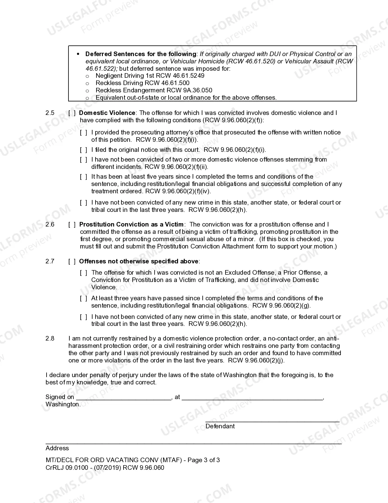 Preview CrRLJ 09.0100 - Motion and Declaration for Order Vacating Conviction