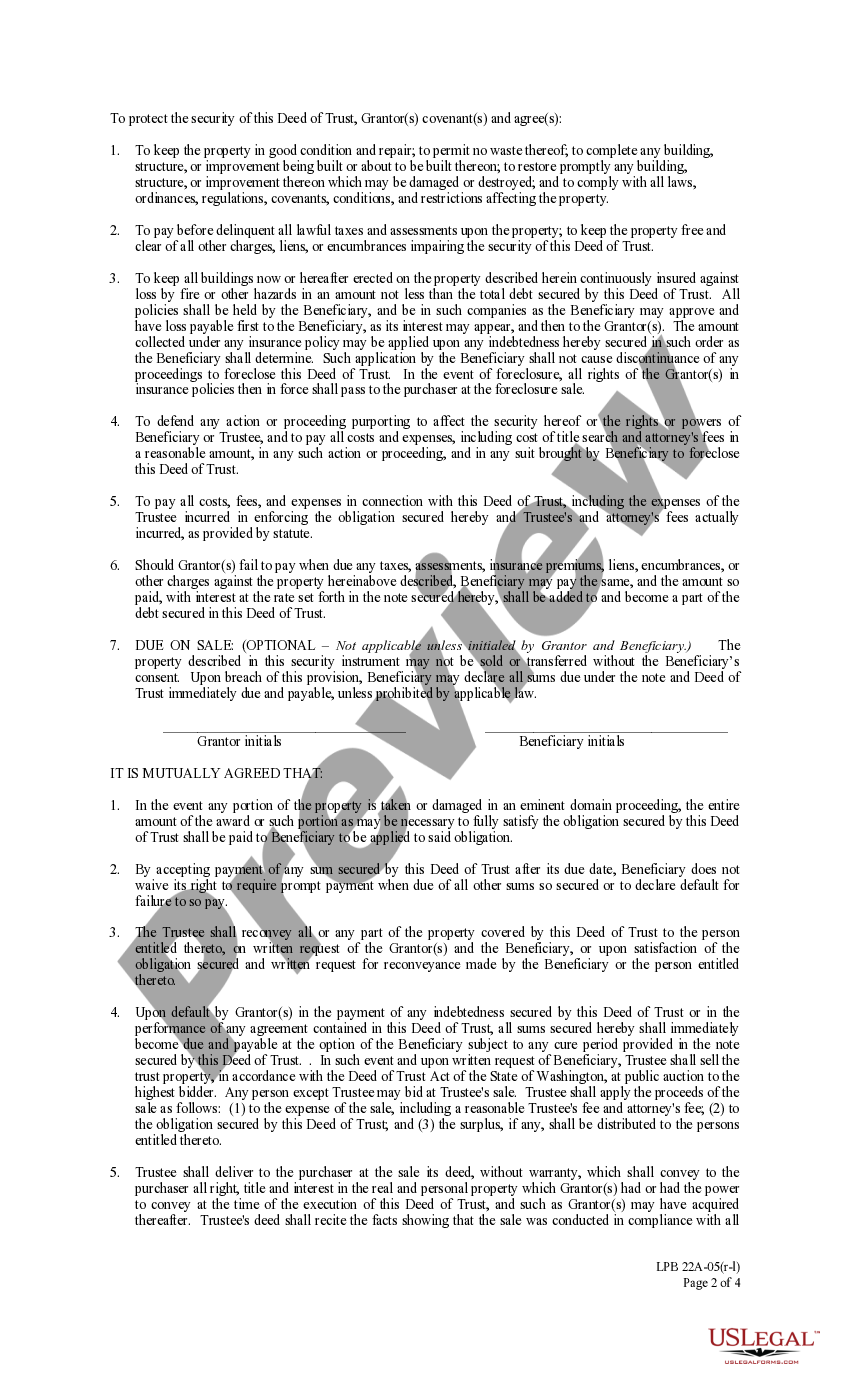 Washington Deed of Trust Amended Long Form Deed Trust With US