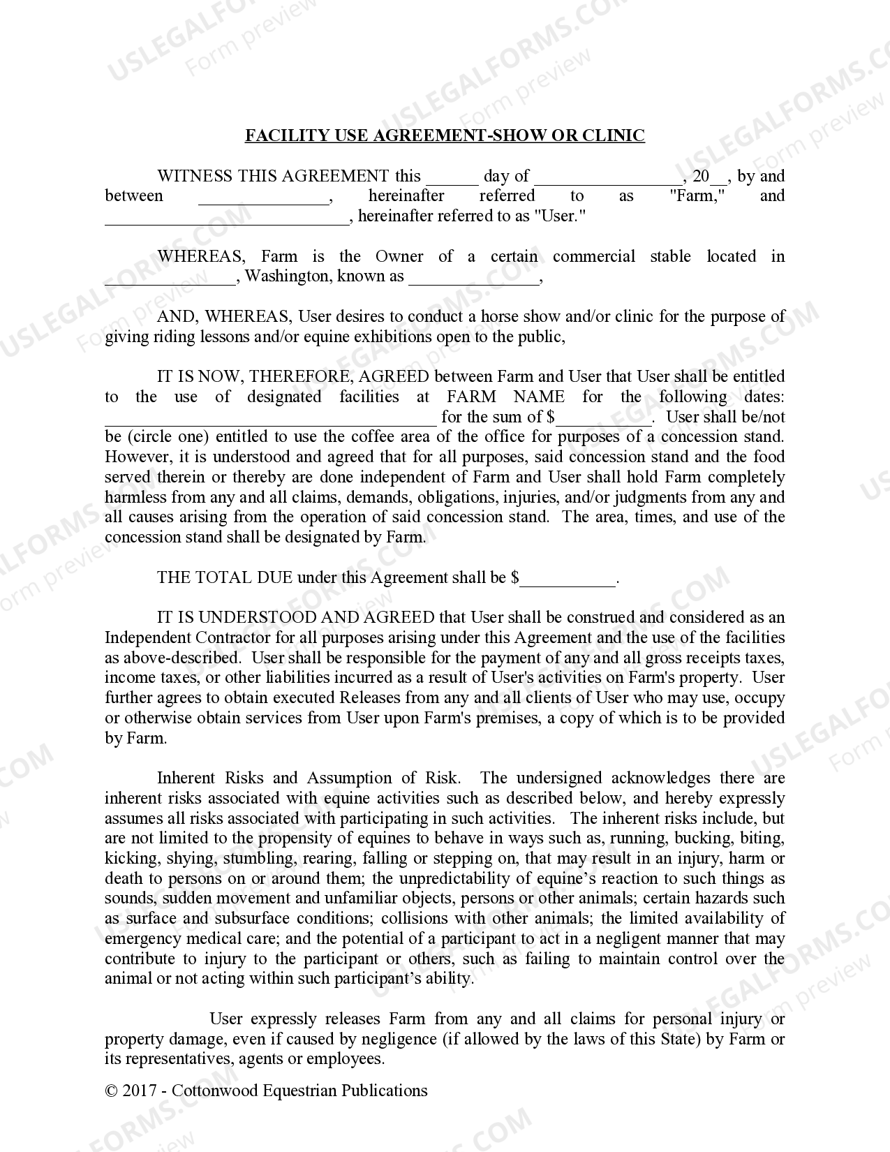 Washington Facility Release Agreement Show Or Clinic Horse Equine