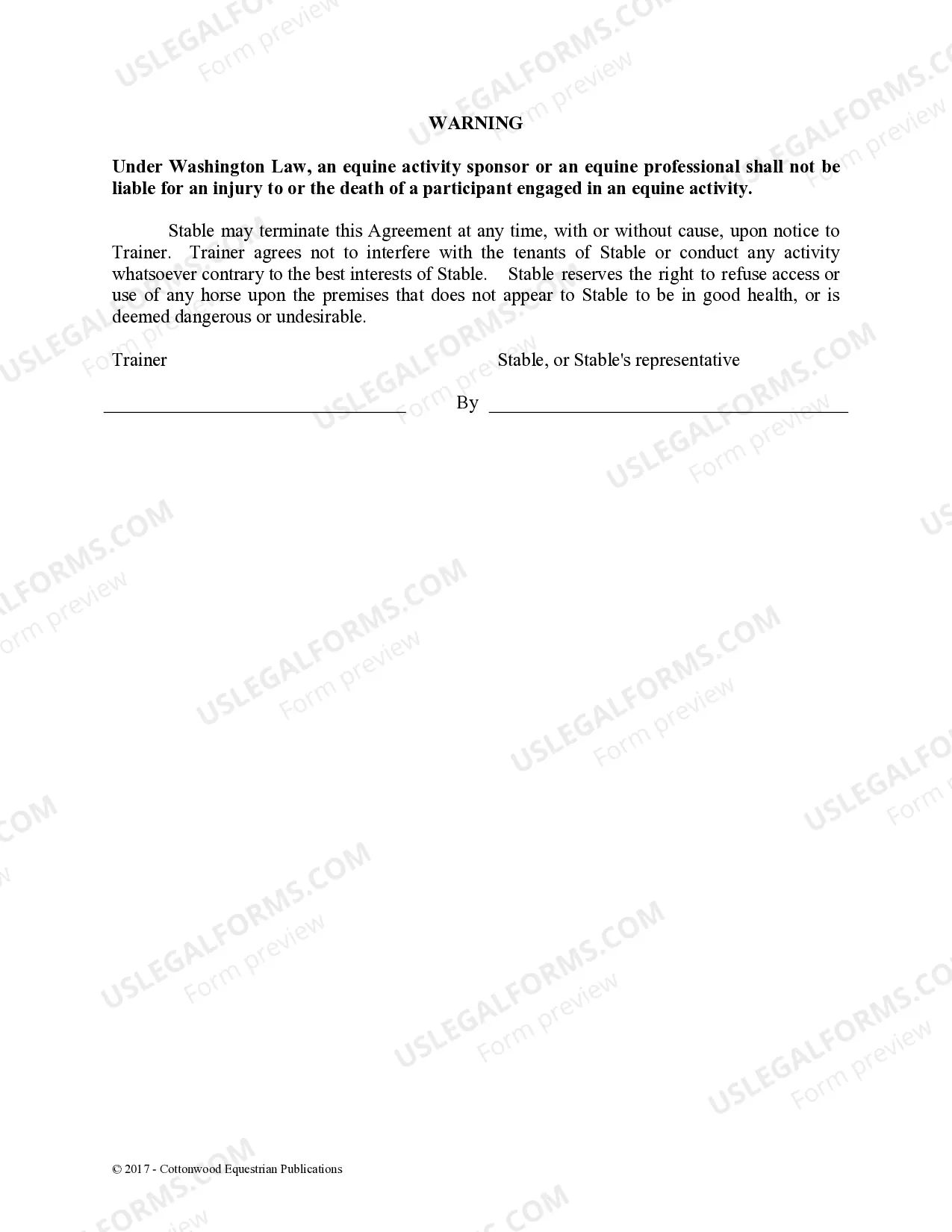 Preview Trainer's Facility Use Agreement - Horse Equine Forms