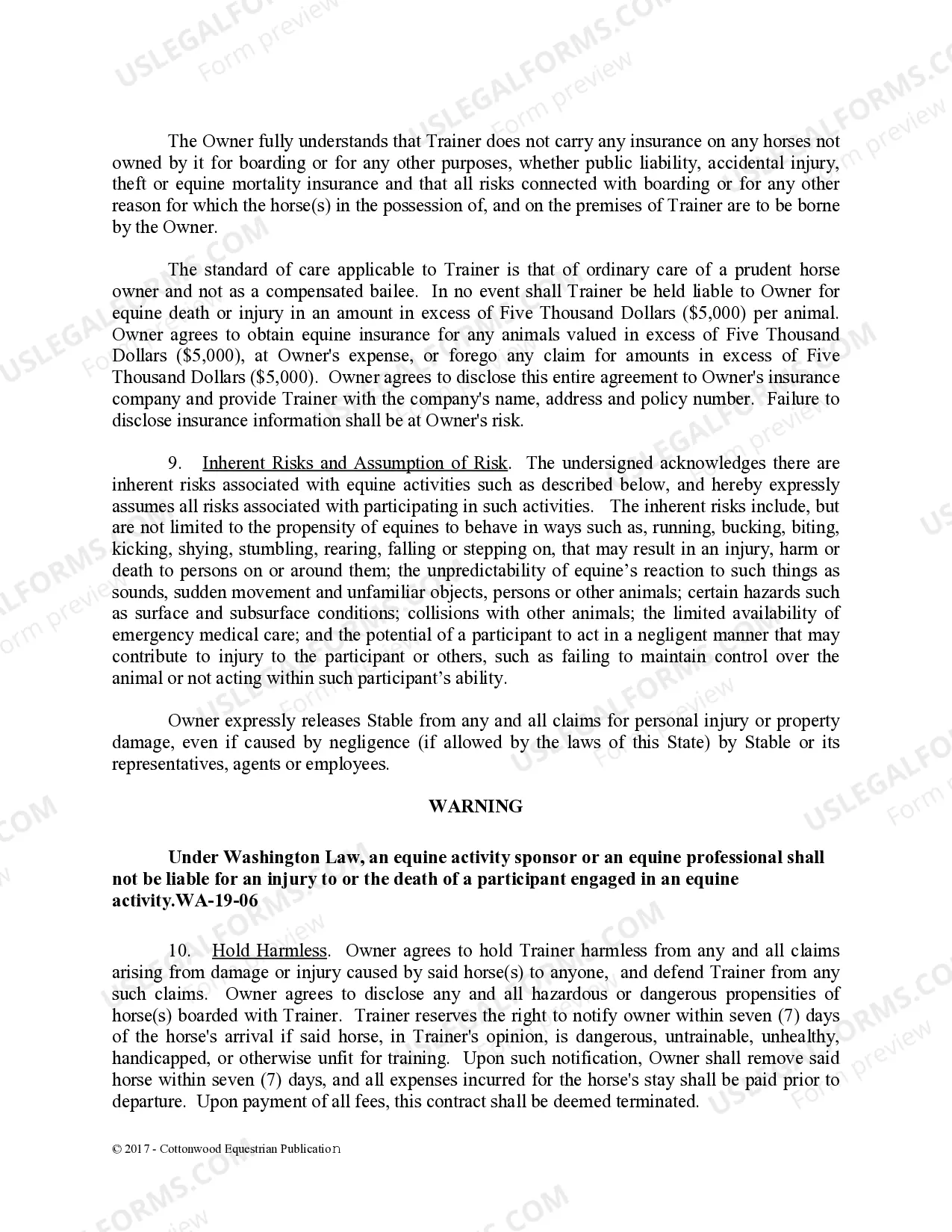 Preview Training Contract - Horse Equine Forms