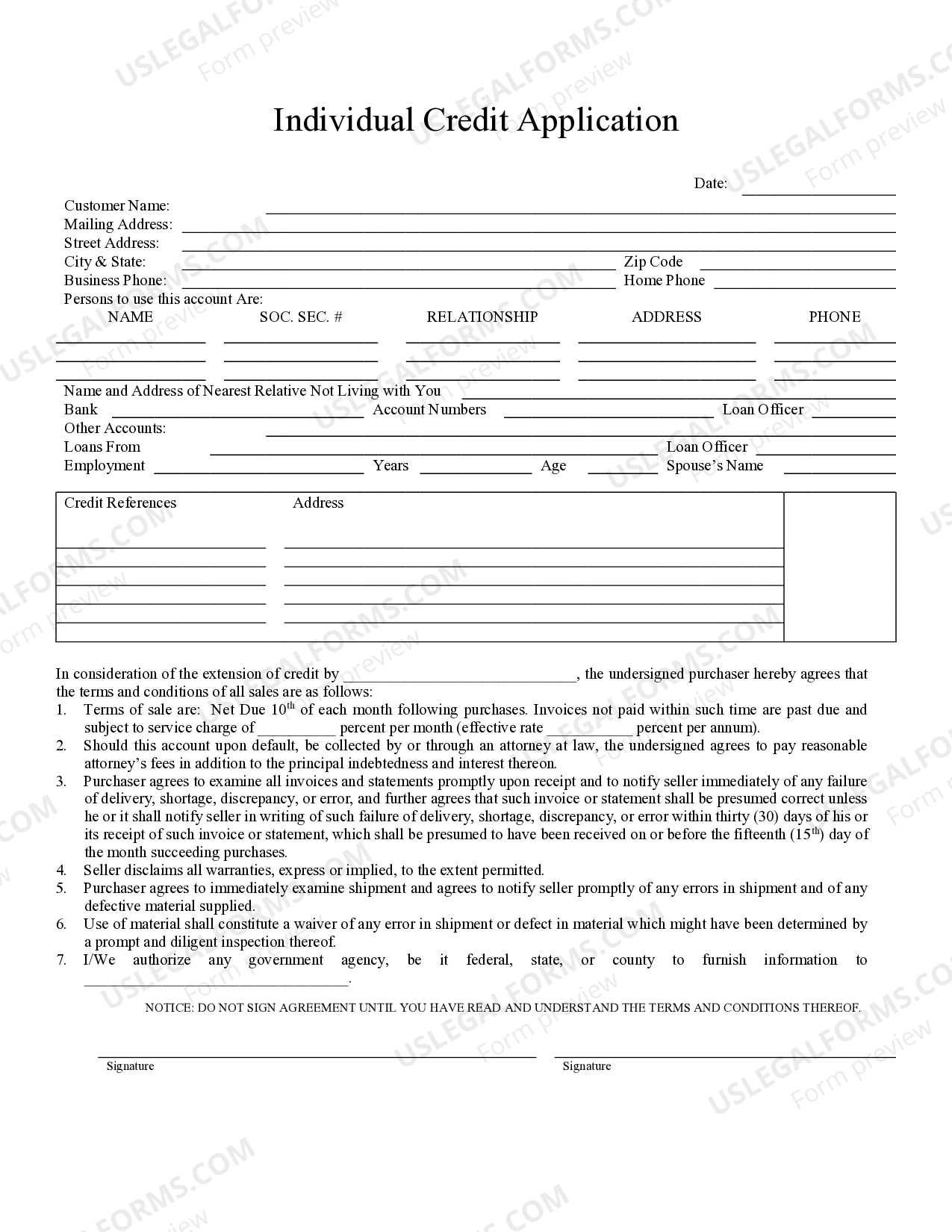 Washington Individual Credit Application US Legal Forms