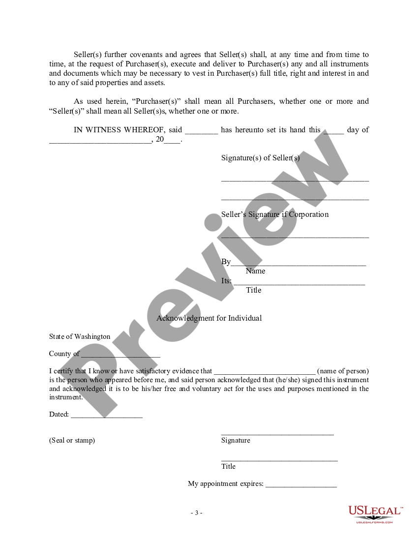 Washington Bill Of Sale In Connection With Sale Of Business By Individual Or Corporate Seller 3532