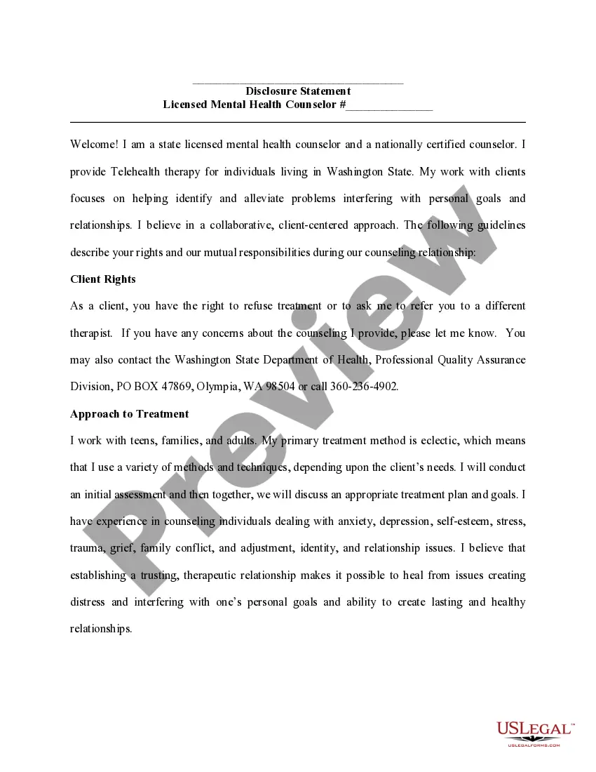 Preview Disclosure Statement for Licensed Mental Health Professional - Washington