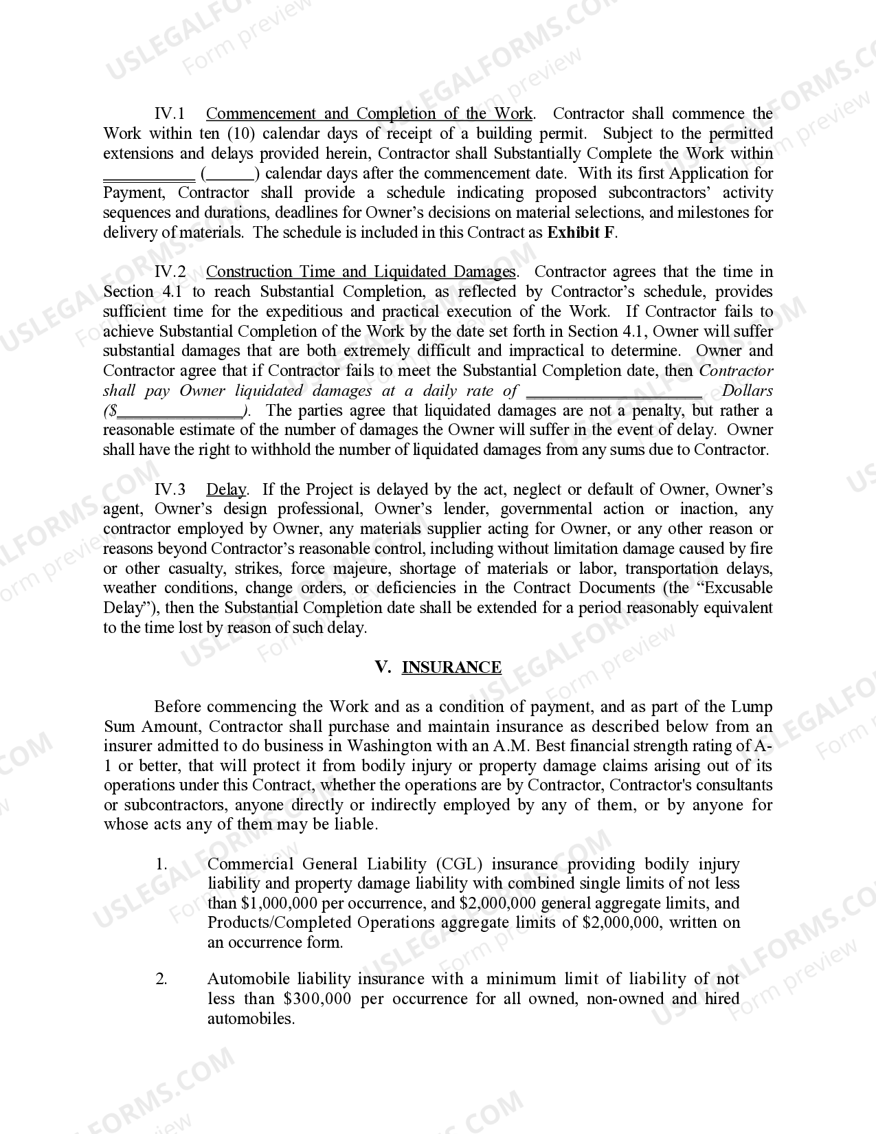 Washington Residential Construction Contract - Lump Sum | US Legal Forms