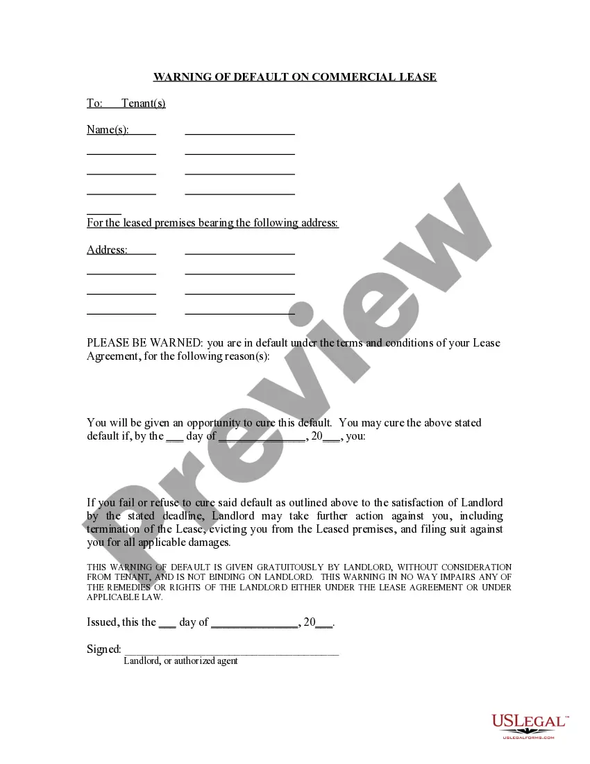 Get Warning of Default on Commercial Lease Preview Warning of Default on Commercial Lease