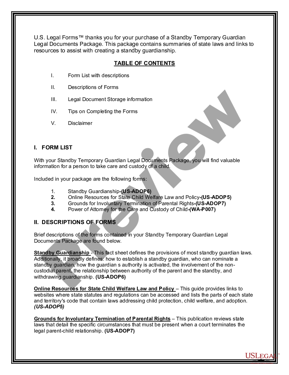 page 1 Washington Standby Temporary Guardian Legal Documents Package preview