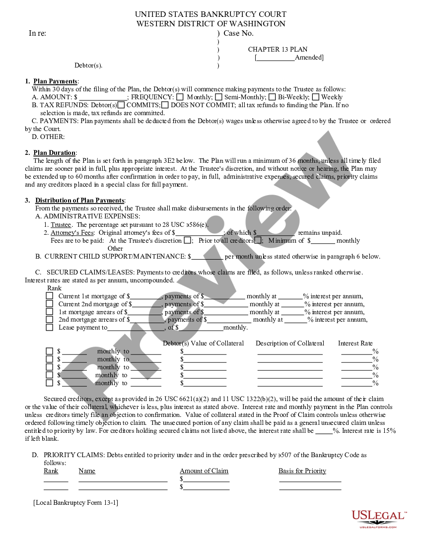 Washington Chapter 13 Plan | US Legal Forms