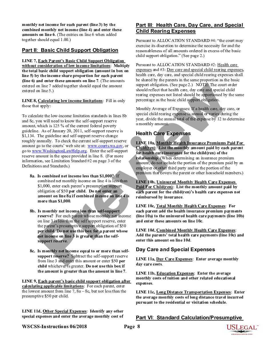 page 8 DR Child Support Schedule, includes definitions, guidelines and summary report preview