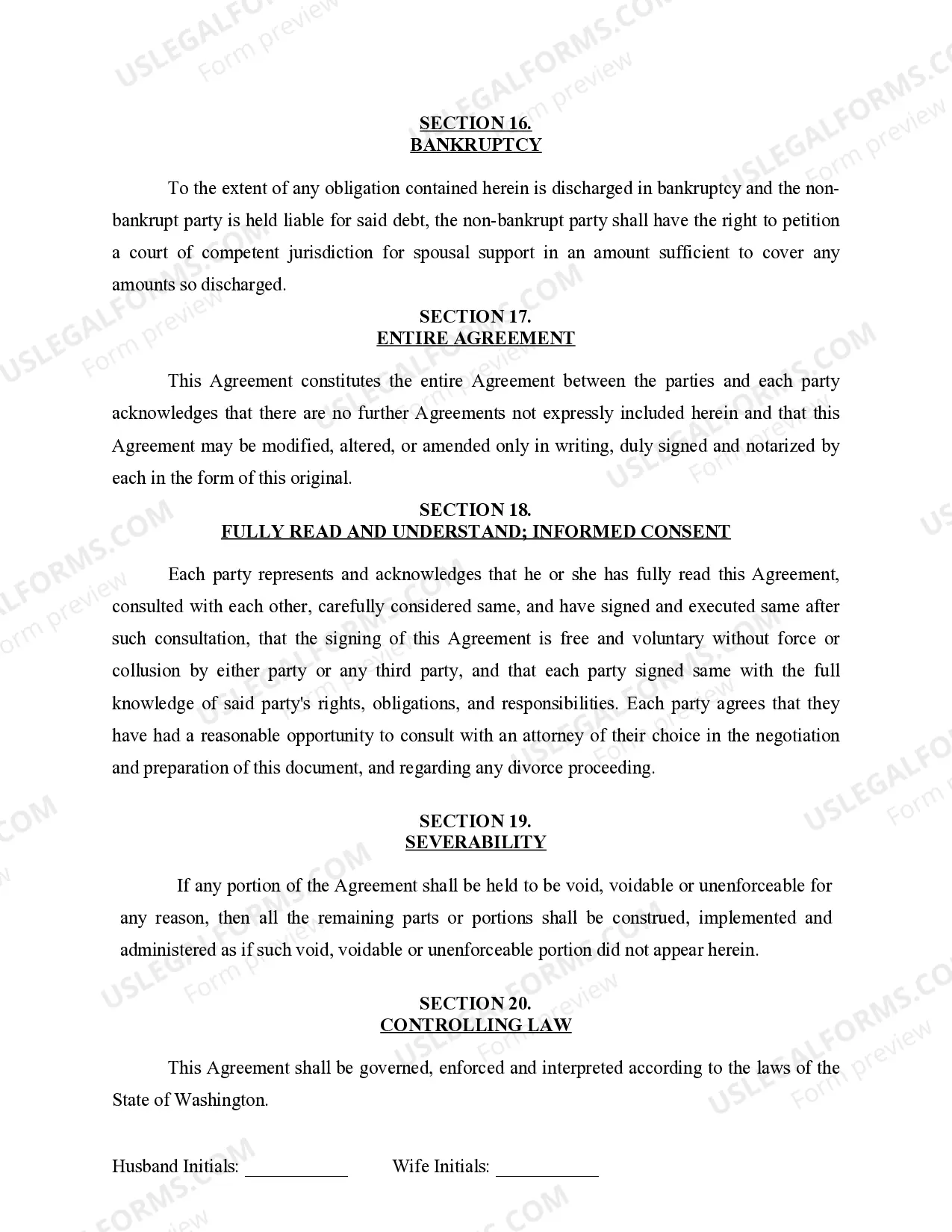 Preview Marital Domestic Separation and Property Settlement Agreement for persons with No Children, No Joint Property or Debts where Divorce Action Filed
