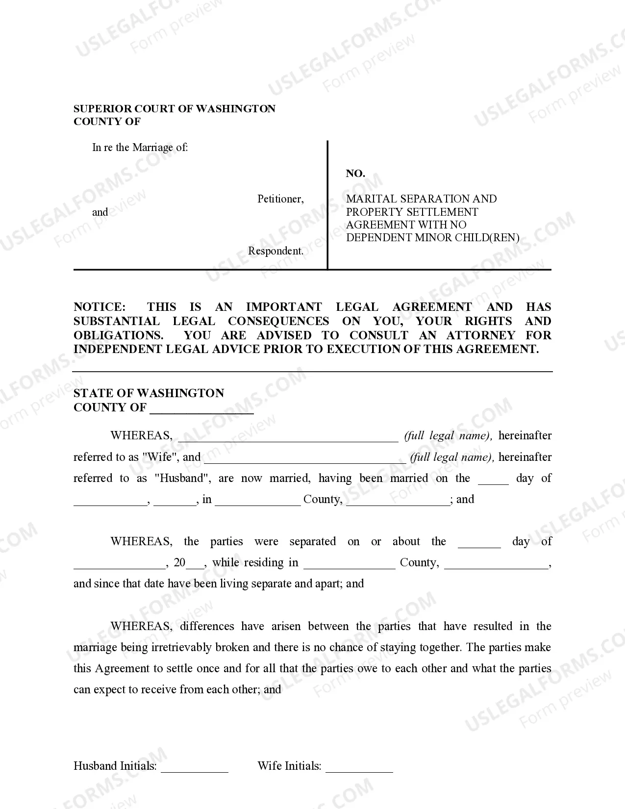Preview Marital Domestic Separation and Property Settlement Agreement for persons with No Children, No Joint Property or Debts where Divorce Action Filed