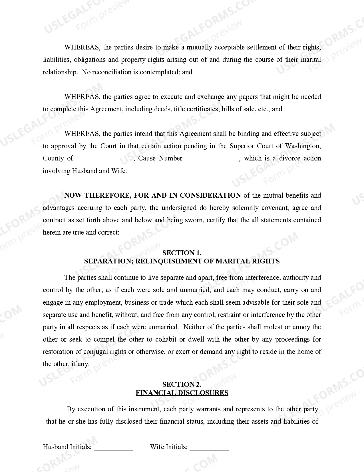 Preview Marital Domestic Separation and Property Settlement Agreement for persons with No Children, No Joint Property or Debts where Divorce Action Filed