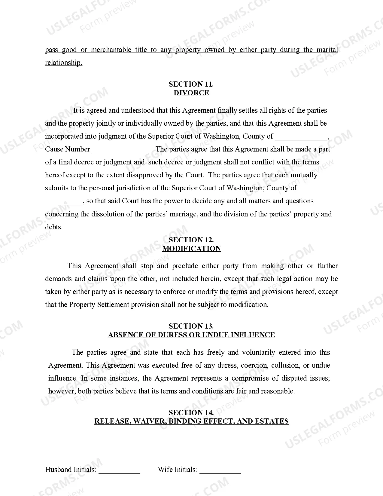 Preview Marital Domestic Separation and Property Settlement Agreement for persons with No Children, No Joint Property or Debts where Divorce Action Filed