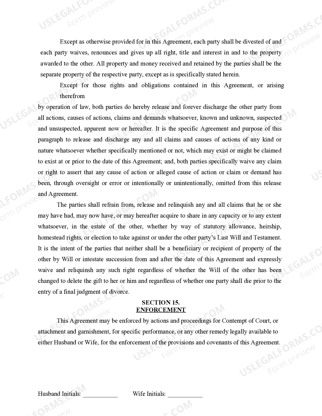 Preview Marital Domestic Separation and Property Settlement Agreement for persons with No Children, No Joint Property or Debts where Divorce Action Filed