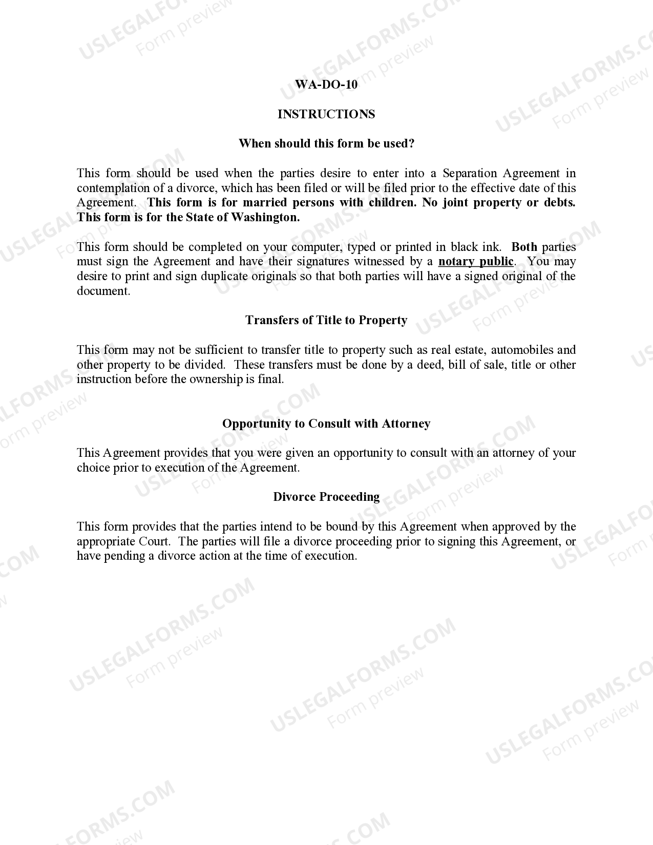 Washington Marital Domestic Separation and Property Settlement