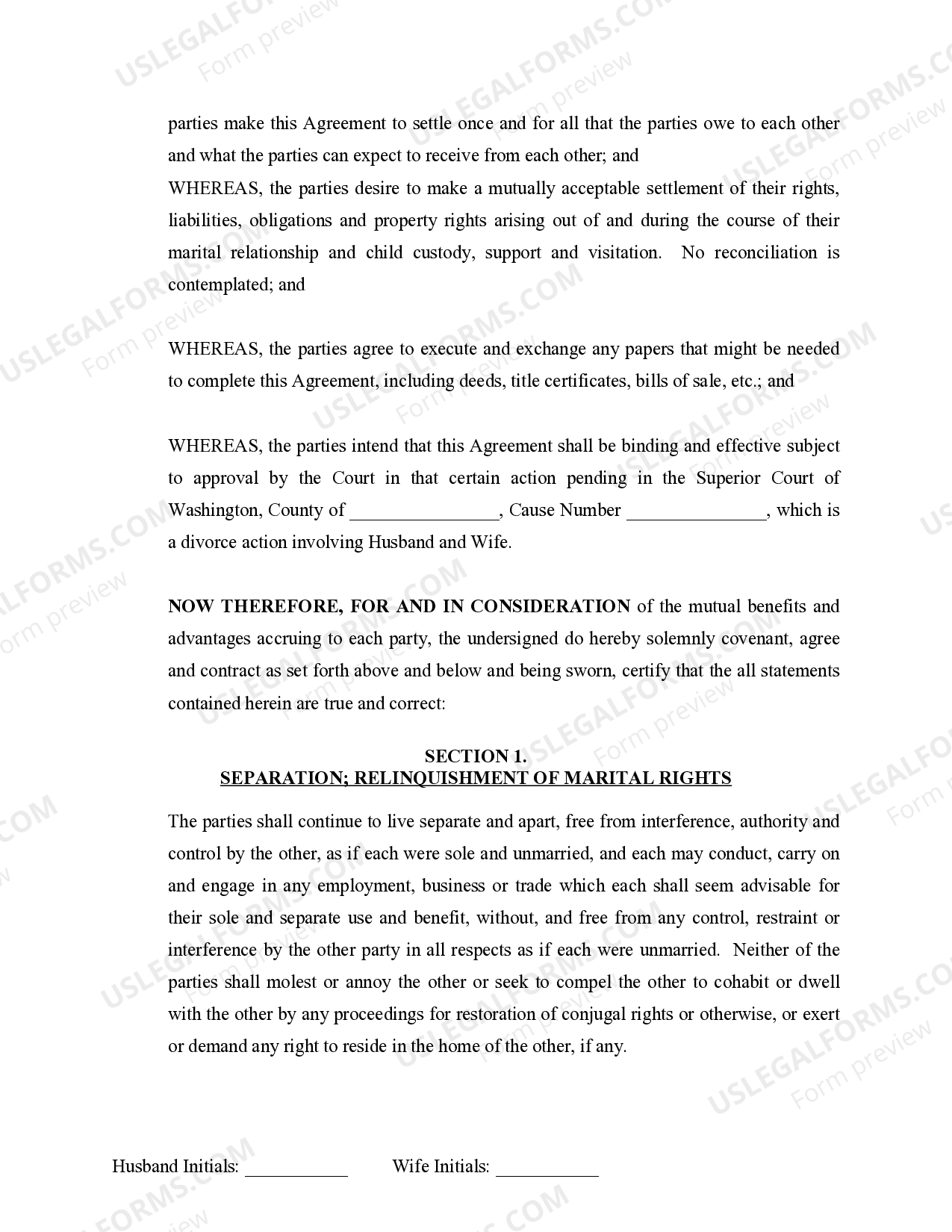 Washington Marital Domestic Separation and Property Settlement Agreement Minor Children no Joint