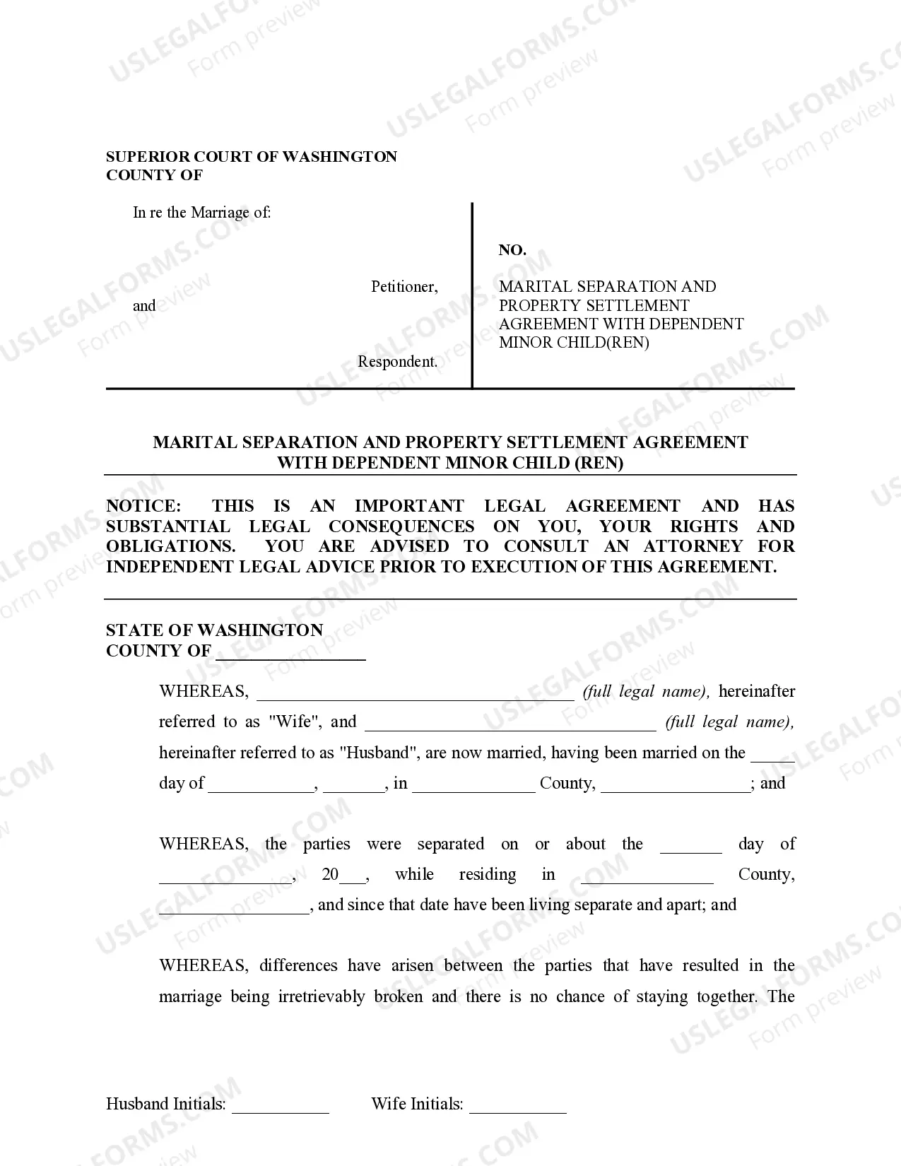 Preview Marital Domestic Separation and Property Settlement Agreement Minor Children no Joint Property or Debts where Divorce Action Filed