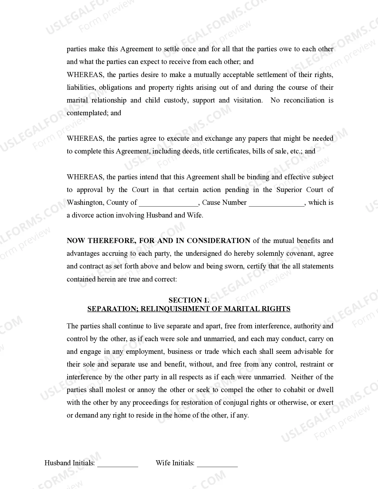 Preview Marital Domestic Separation and Property Settlement Agreement Minor Children no Joint Property or Debts where Divorce Action Filed