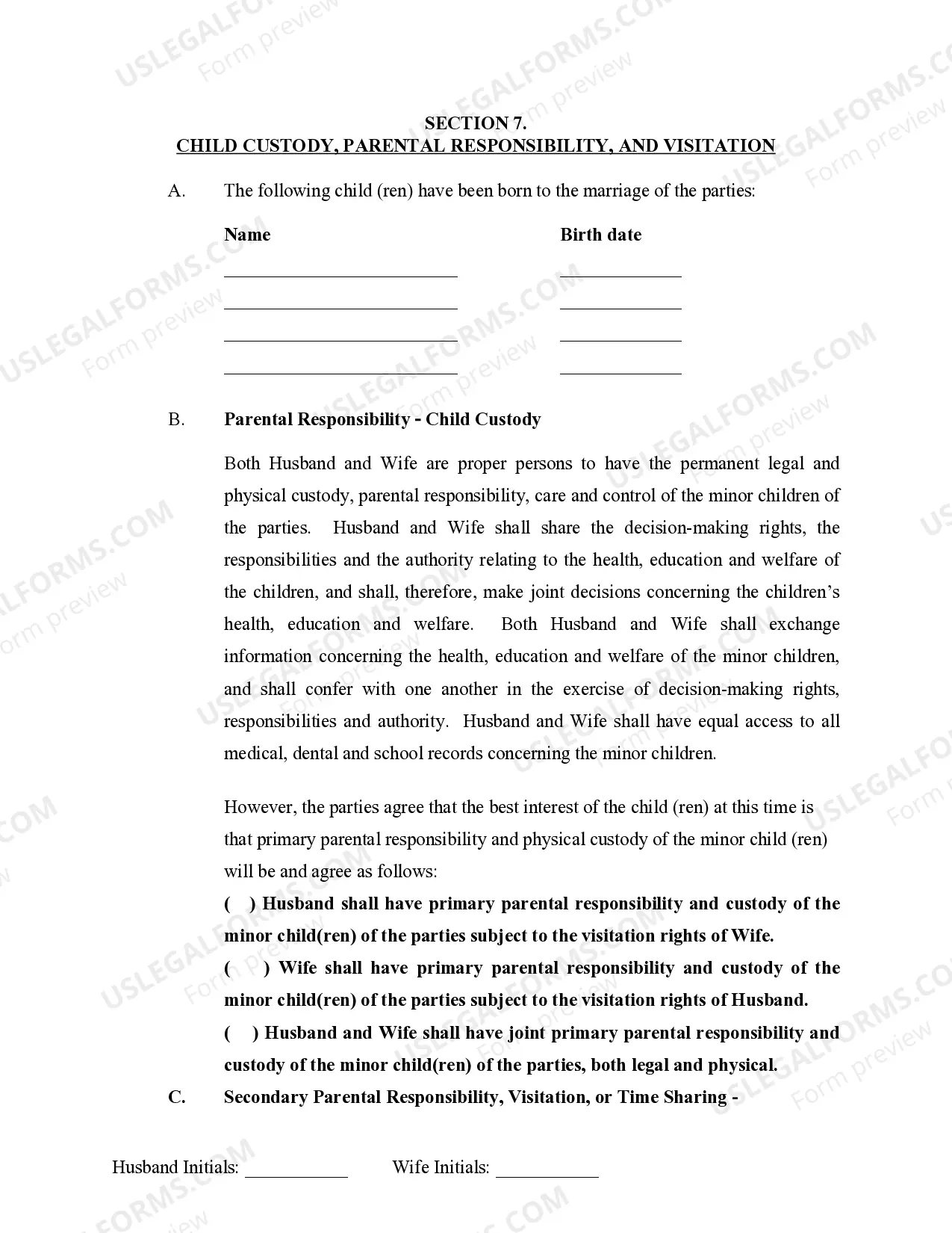 Preview Marital Domestic Separation and Property Settlement Agreement Minor Children no Joint Property or Debts where Divorce Action Filed
