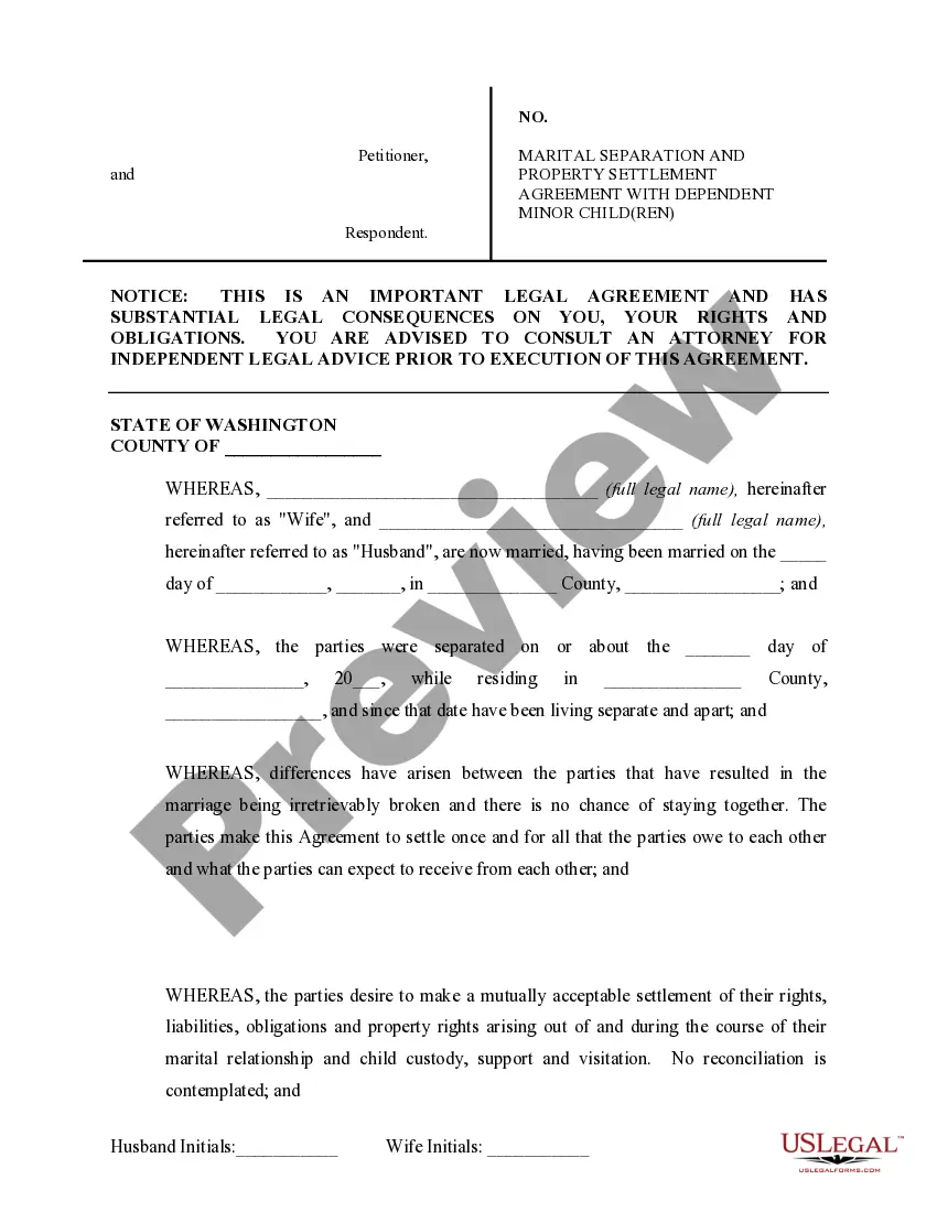 Preview Marital Domestic Separation and Property Settlement Agreement Minor Children Parties May have Joint Property or Debts where Divorce Action Filed