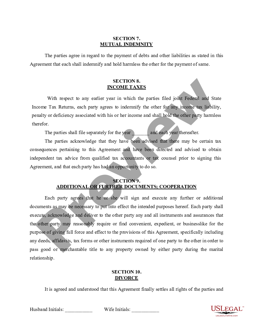 Washington Marital Domestic Separation And Property Settlement Agreement For Persons With No 9447