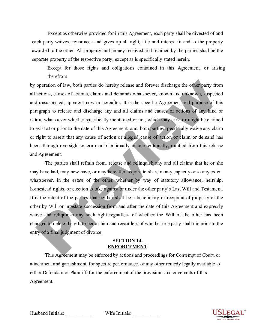 Washington Marital Domestic Separation And Property Settlement Agreement For Persons With No 4814