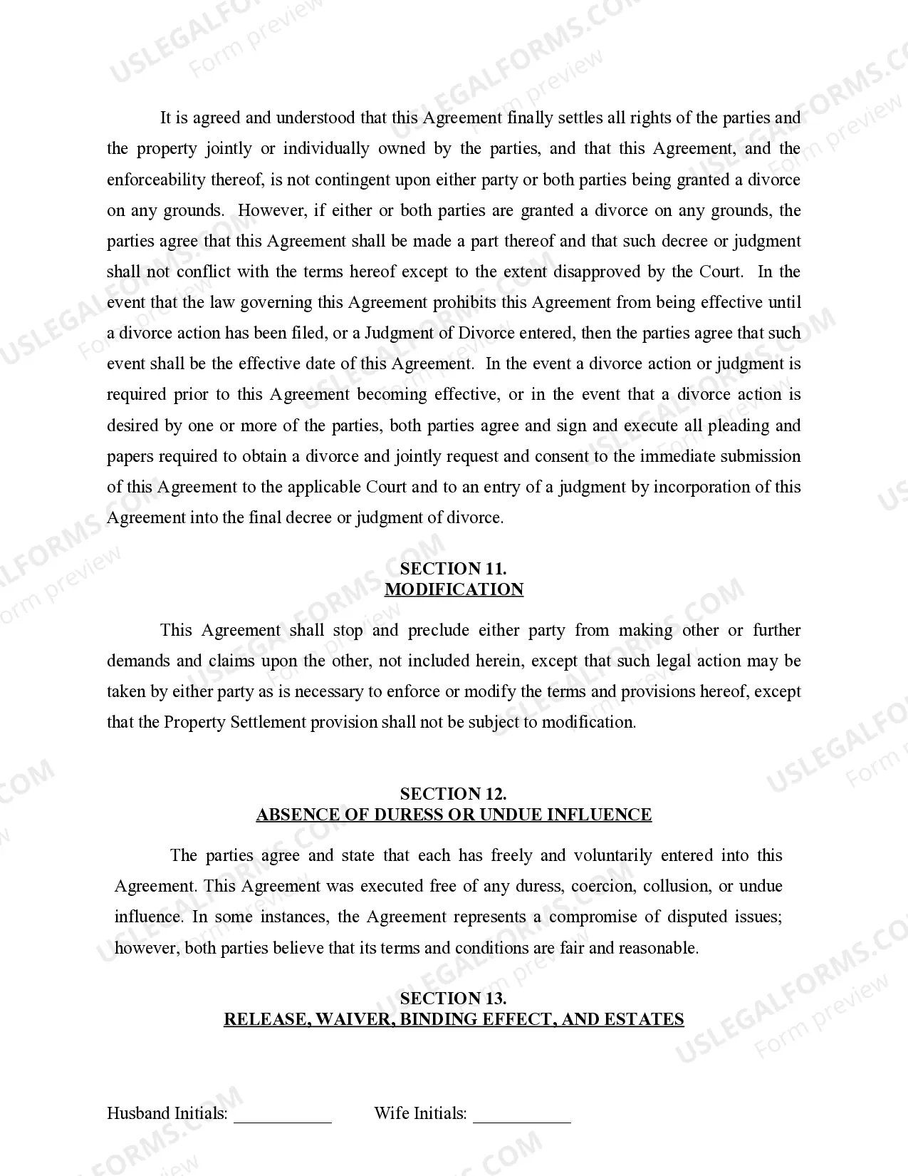 Preview Marital Domestic Separation and Property Settlement Agreement for persons with no Children, no Joint Property, or Debts Effective Immediately