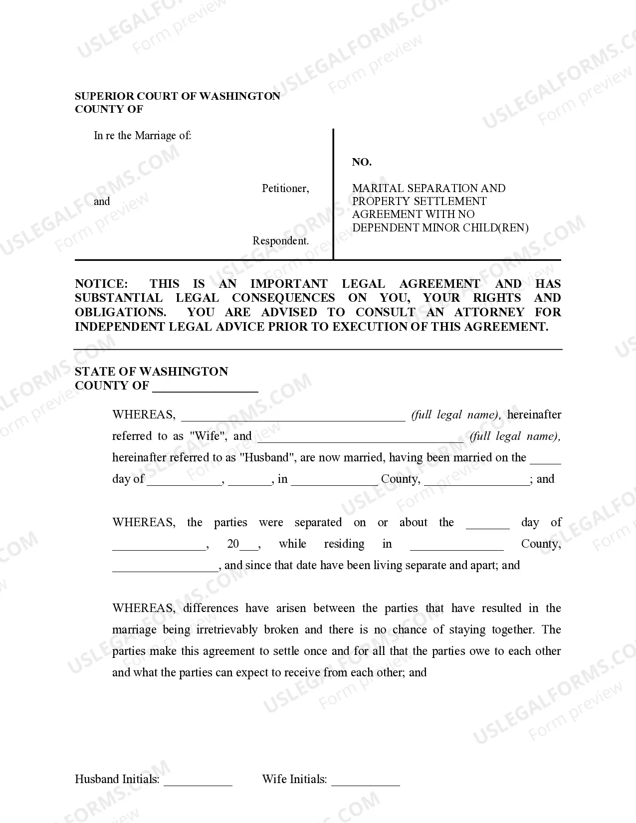 Preview Marital Domestic Separation and Property Settlement Agreement no Children parties may have Joint Property or Debts where Divorce Action Filed