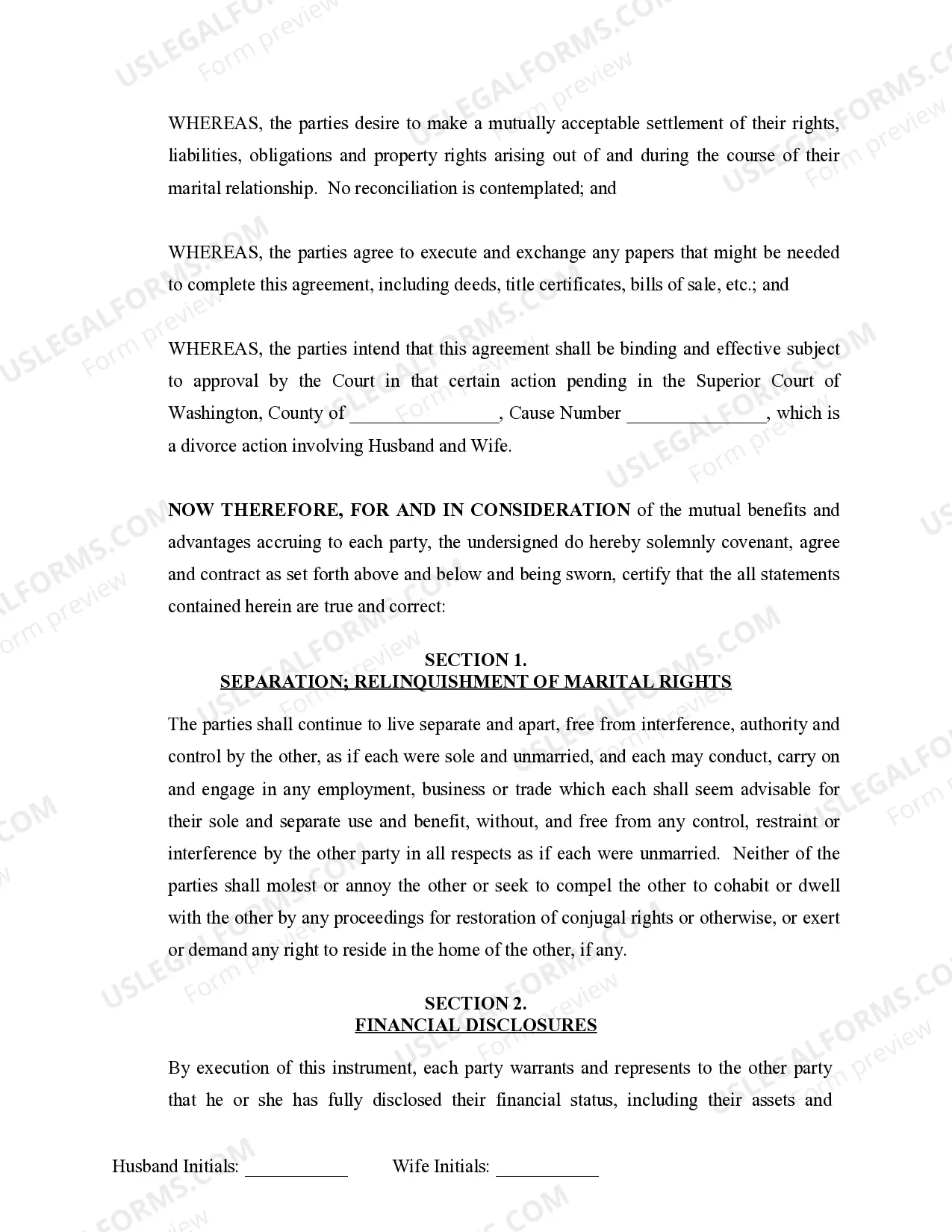 Preview Marital Domestic Separation and Property Settlement Agreement no Children parties may have Joint Property or Debts where Divorce Action Filed