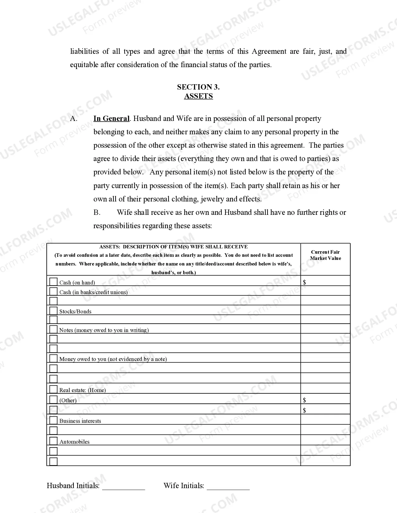 Preview Marital Domestic Separation and Property Settlement Agreement no Children parties may have Joint Property or Debts where Divorce Action Filed