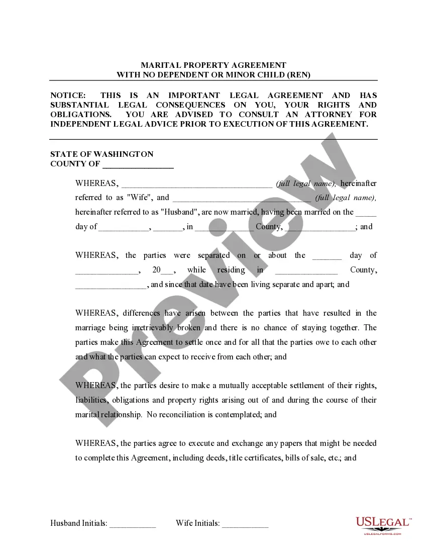 Preview Marital Domestic Separation and Property Settlement Agreement no Children parties may have Joint Property or Debts Effective Immediately