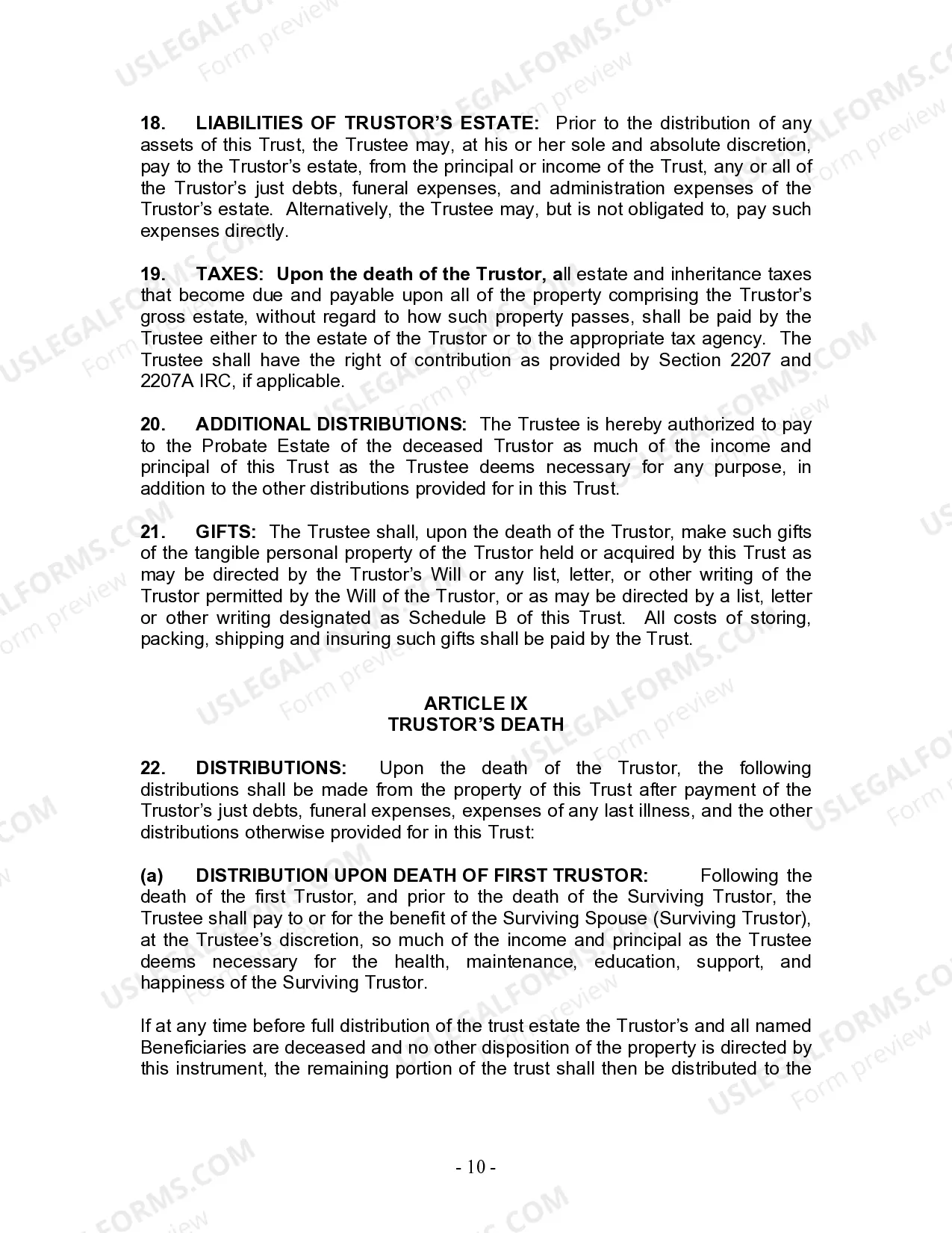 Preview Revocable Living Trust for Husband and Wife with No Children