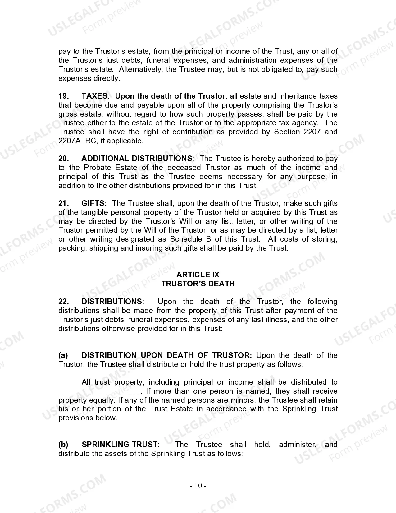 Preview Living Trust for Individual Who is Single, Divorced or Widow or Widower with No Children