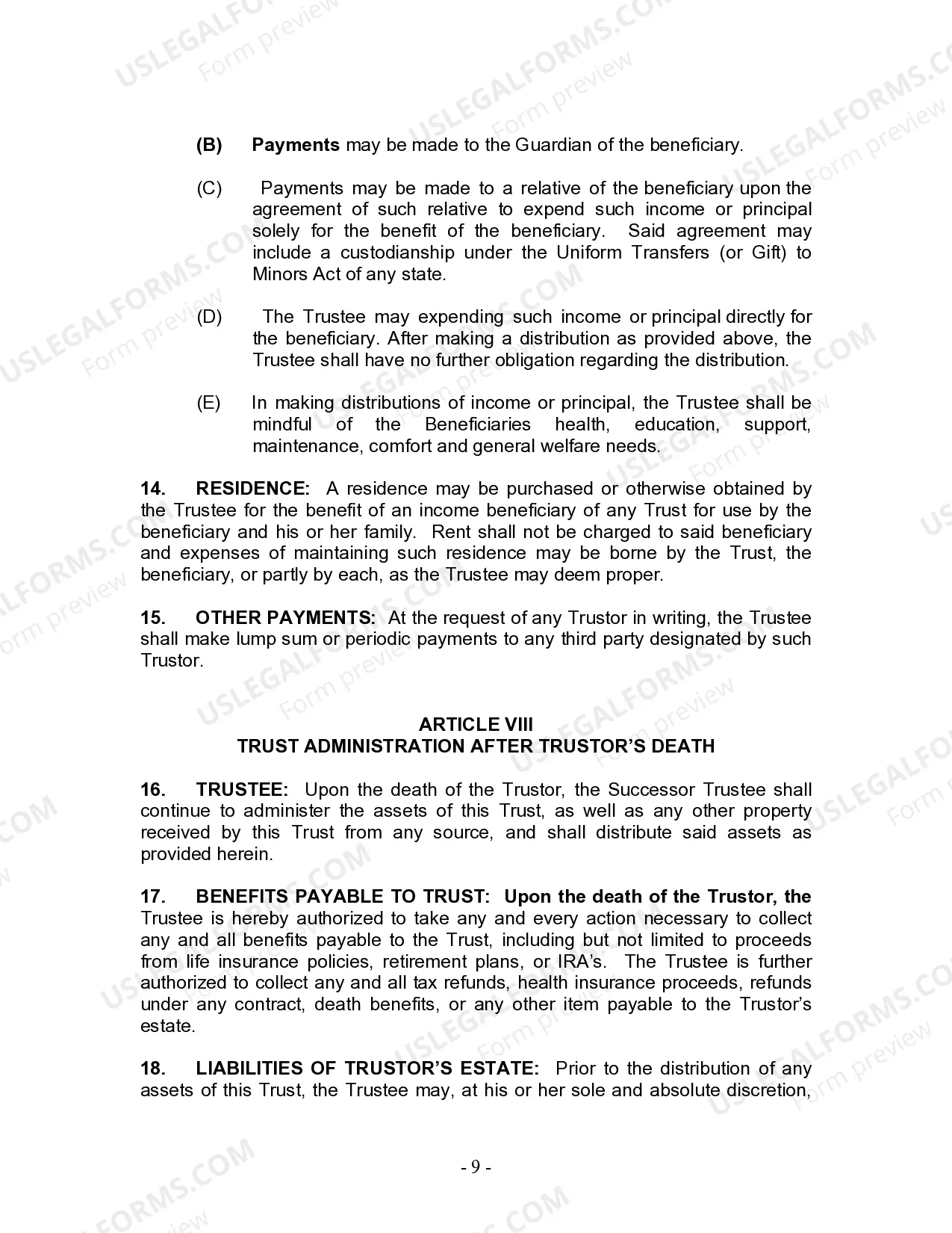 Preview Living Trust for Individual Who is Single, Divorced or Widow or Widower with No Children