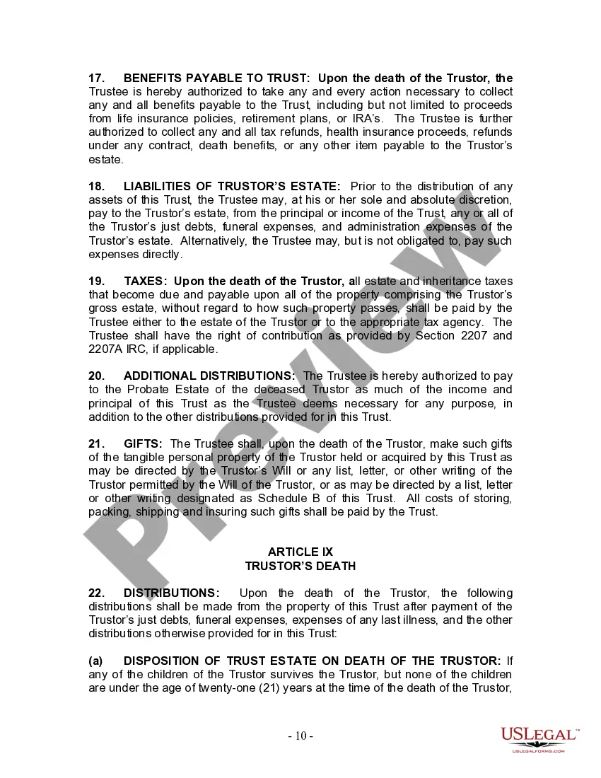 Preview Living Trust for Individual Who is Single, Divorced or Widow or Widower with Children