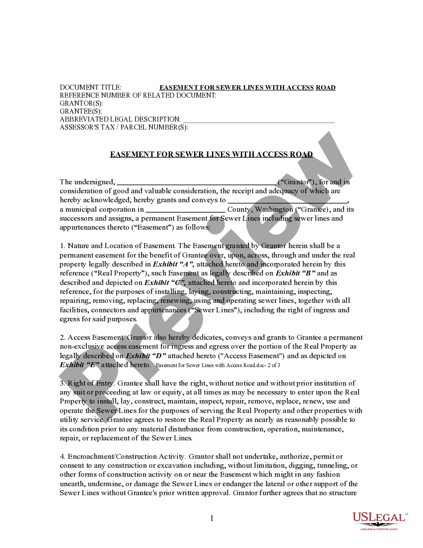 Washington Easement for Sewer Lines With Access Road Wa Easement US