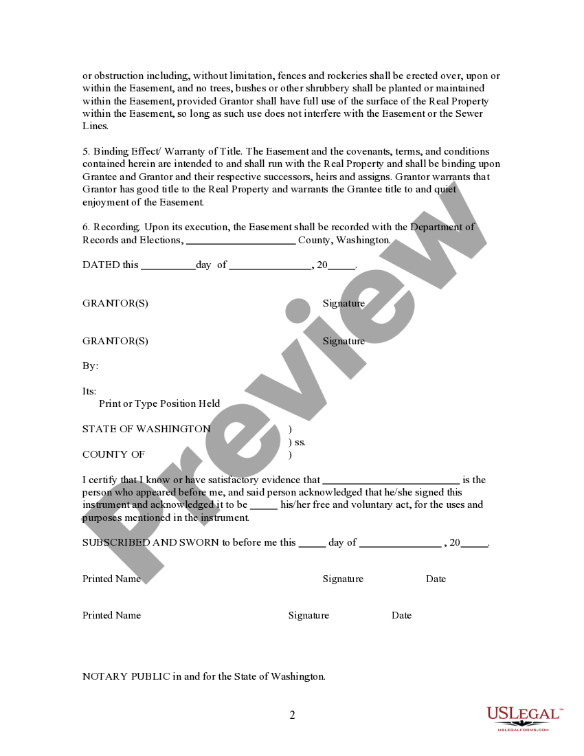 Washington Easement for Sewer Lines With Access Road Wa Easement US