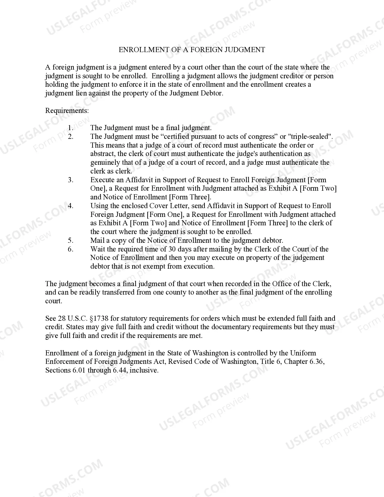Preview Washington Foreign Judgment Enrollment